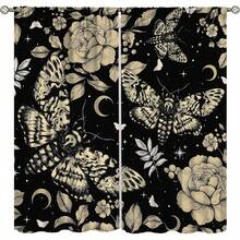 2 Panel 28"X40" Gothic Moth Curtains For Bedroom,Vintage Boho Mystery Moon Phase Vintage Hippy Flower Plant Star Butterfly Window Drapes For Living Room Kitchen, Home Decor, Boho Home Decor, Halloween Decorations - 白色 - 查看 1