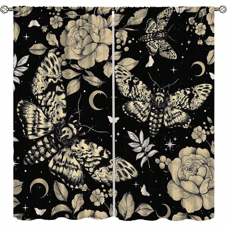 2 Panel 28"X40" Gothic Moth Curtains For Bedroom,Vintage Boho Mystery Moon Phase Vintage Hippy Flower Plant Star Butterfly Window Drapes For Living Room Kitchen, Home Decor, Boho Home Decor, Halloween Decorations - 白色 - 查看 1