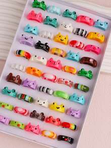 10/20/30个可爱卡通动物树脂戒指，青蛙、小猫、小鸡，条纹图案，日常佩戴，节日礼物配饰 - 動物樹脂戒指混 - 查看 3