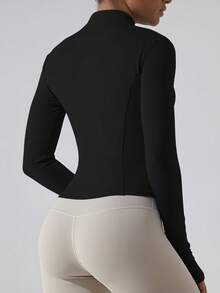 简约休闲女士秋冬运动弹力V领紧身长袖夹克 - 黑色 - 查看 5