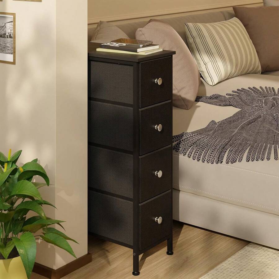 Tomnk 4 Drawers Nightstand - Multi-Storage Cabinet For Bathroom, Bedroom, Office & Dorm, Narrow Fabric Nightstand With Easy-Glide Drawers - 黑色 - 查看 1