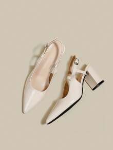 女士米色漆皮尖头单带粗跟高跟鞋，优雅尖头正式高跟鞋，时尚露跟高跟鞋 - 米色 - 查看 2