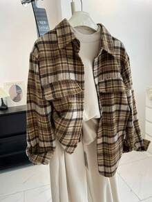 Women's Plaid Brushed Button-Front Pocket Casual Shirt