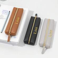 Costomized Letters PU Pebble Leather Office Zipper Pen Case, Personalized Student Pencil Bag, Large Capacity Handmade Creative School Stationary Organizer Pen Bag Pouch, PU Storage Peicil Case - Brown - View 7