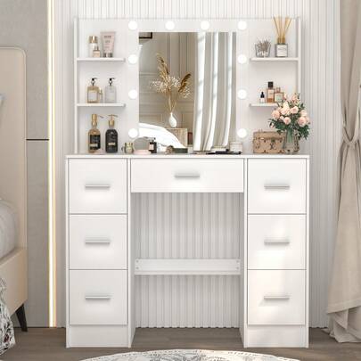 Teousev Makeup Vanity Desk With Lighted Mirror,Vanity Table With Mirror,3 Color Light Modes Adjustable Brightness Settings,Drawers And Storage Shelves For Storage,Bedroom Furniture,Dressing Table,Halloween Gift For Women