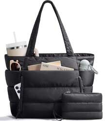 Puffer Tote Bag For Women, Lightweight Puffy Work Handbag Teacher Nurse Quilted Shoulder Bag For School Travel Gym - màu đen - Xem 1