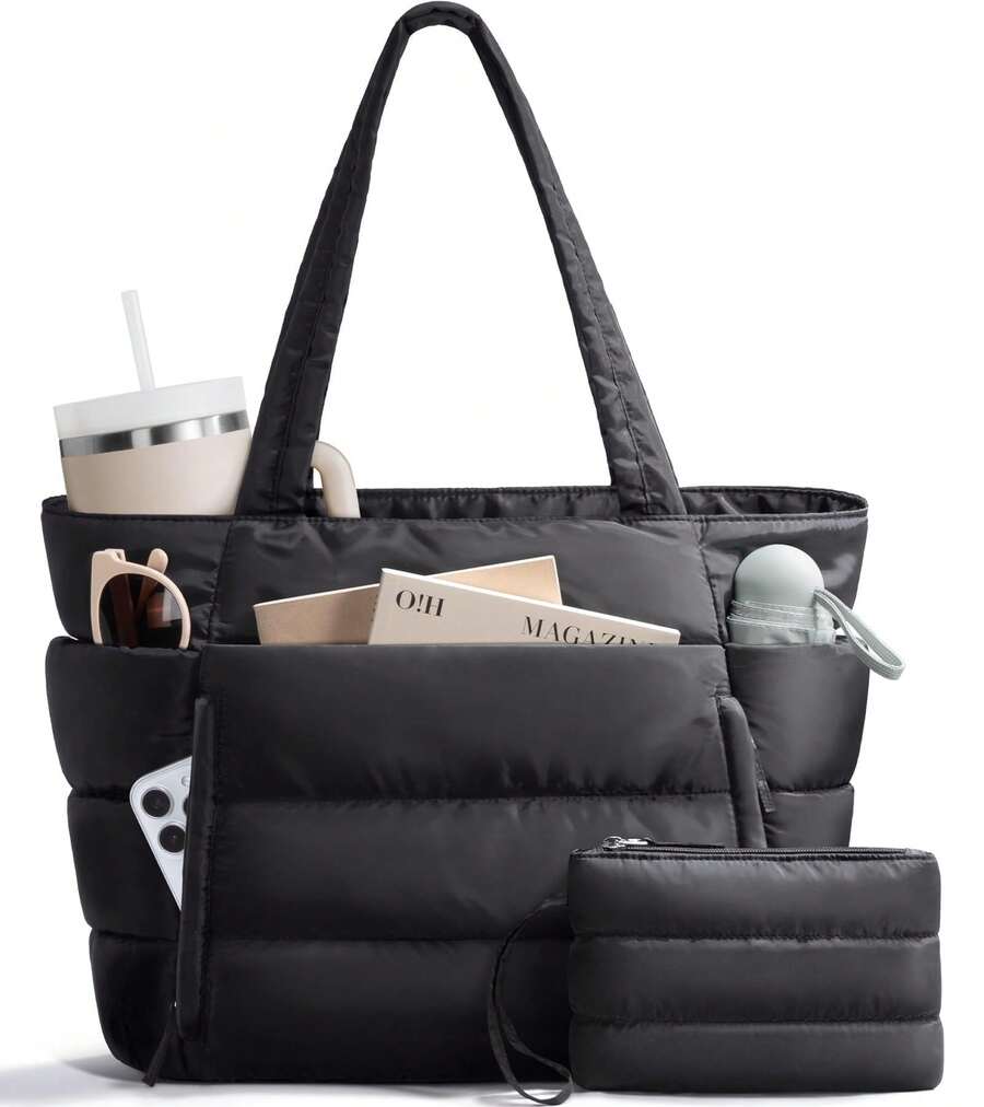 Puffer Tote Bag For Women, Lightweight Puffy Work Handbag Teacher Nurse Quilted Shoulder Bag For School Travel Gym - màu đen - Xem 1