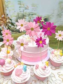 5pcs/10pcs/8pcs/6pcs/1set, 3D Multi-Layer Cake Decoration With Daisies; Mother's Day Cake Decoration With Small Flowers On Bamboo Skewers; Birthday Party Gathering With Bright Flowers On Bamboo Skewers; Random Color Shipping.