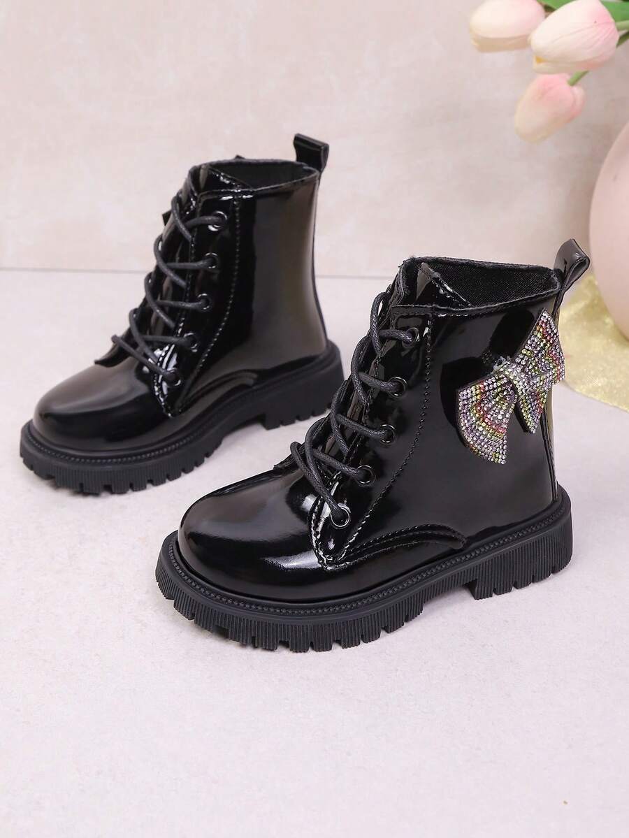 1 Pair Black Toddler Girls' Boots, Solid Color Soft PU Material, Colorful Bow Decor, Round Toe, Lace-Up, Warm Thick Sole, Fashion & Cute Princess Style Leather Boots, Suitable For 3-12 Years Old Girls, Casual, Holiday, School, Autumn/Winter - Black - View 1
