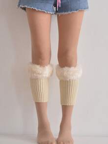 1 Paio di Scaldamuscoli Caldi da Donna, Scaldamuscoli Corti Imbottiti e Lavorati a Maglia Rigati per Autunno/Inverno, Scaldamuscoli Corti con Bordo Soffice di Colore Unito