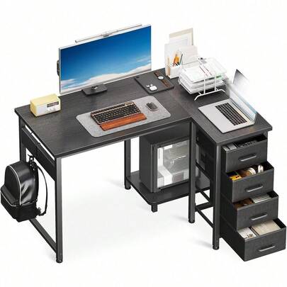 Computer Desk With Drawers, 100x70 Cm Corner Desk For Home Office, Reversible L Shaped Office Desks Black