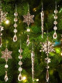 水晶圣诞装饰品，适用于圣诞树装饰 - 香槟色悬挂式亚克力雪花和冰柱装饰品，带垂坠吊坠，适用于新年派对装饰用品（款式随机），塑料材质