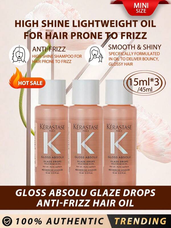 Kérastase Kerastase [Mini] Gloss Absolu Glaze Drops Anti-Frizz Hair Oil 15ml*3/45ml / Wild Rose In Oil / High Shine Lightweight Oil For Hair Prone To Frizz / Bouncy, Glossy Hair & Mesmerizing Scent & Tightens Hair Cuticles & Hydrates To Smooth Hair​ / For Ultimate Glaze & Smoothness Without Weigh Down. No Greasy Touch