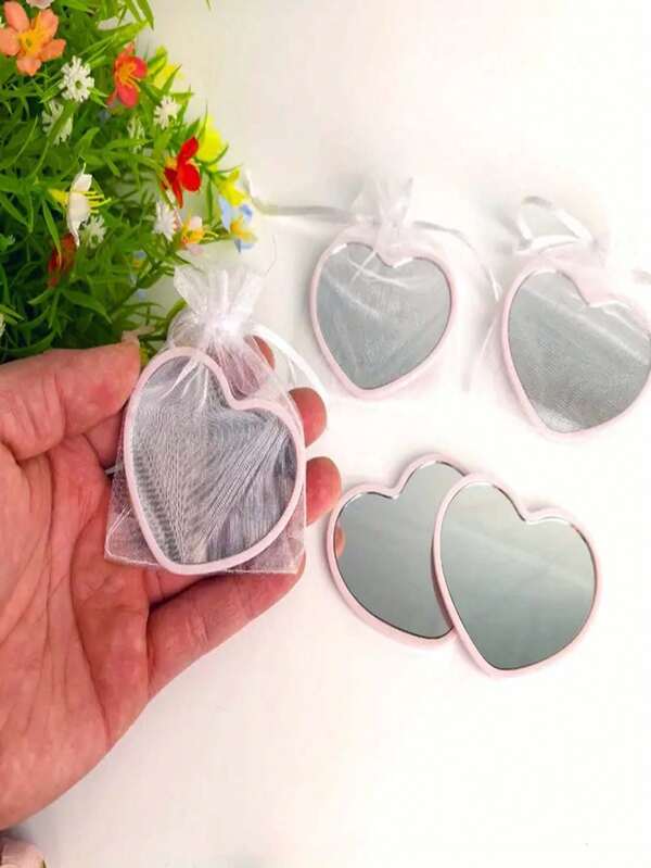 24pcs Heart-Shaped Portable Mirrors - Pink, White, Green, Black Minimalist Design, Compact And Lightweight With Ribbon, Suitable For Travel, Home Decoration, Gifts, Birthday, Bridesmaid Party Gifts, Wedding Gifts, Party Gifts, Valentine's Day Gifts