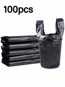 100个/50个/5个加厚加大黑色垃圾袋，垃圾袋厨房，蔬菜袋大垃圾袋，适用于纸张，塑料，瓶子，报纸，草坪塑料袋带手柄T恤袋散装塑料袋 - 黑色 - 查看 1