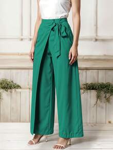 Pantalón Palazzo Elegante para Mujer con Lazo en la Cintura, Corte Amplio y Fluido, Ajuste Alto que Estiliza la Figura, Versátil para Outfit Casual o Formal - Verde agua - Ver 2