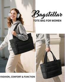 Puffer Tote Bag For Women, Lightweight Puffy Work Handbag Teacher Nurse Quilted Shoulder Bag For School Travel Gym - màu đen - Xem 8