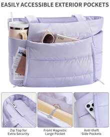 Puffer Tote Bag For Women, Lightweight Puffy Work Handbag Teacher Nurse Quilted Shoulder Bag For School Travel Gym - Màu tím - Xem 4