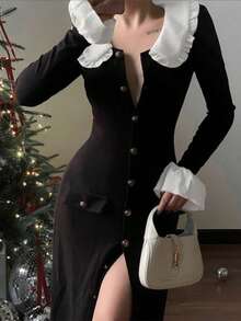 Solstice Apparel Gold Button Embellished Contrast Ruffle Collar Button Front Long Sleeve Dress, Ribbed Knit Waist Cinched Slit Maxi Dress, Little Black Dress Style, Perfect For New Year's Eve Parties, Dates & Birthday Dinners, Fall Winter Outfit - Black - View 3