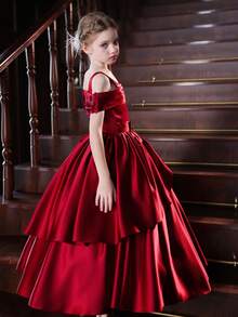 青少年女孩长款露肩酒红色连衣裙，适合儿童生日派对、婚礼、新年、圣诞节、节日场合、花童礼服、舞会、派对 - 酒紅色 - 查看 10