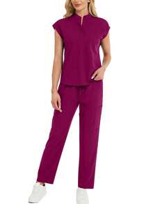 2 Pieces Set Women Casual Stand Collar $Hort Sleeve T-Shirt & Pants Scrub Uniform Suit, For Summer - Red Violet - View 2