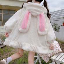 Women Cute Bunny Ear Long Sleeve Fuzzy Fluffy Rabbit Tops Sweatshirt Hoodie Coats - Bow-white - View 9