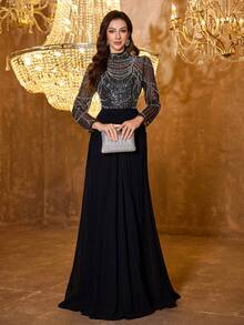 UNITHORSE 女士优雅立领长袖串珠亮片网纱雪纺长款晚礼服，适合婚礼、春季派对等场合，黑色。 - 黑色 - 查看 4