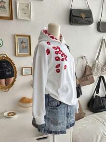 Áo sweatshirt dài tay dáng rộng in hình môi phong cách Y2K của Dear Molly dành cho nữ, áo nỉ chui đầu kiểu vintage Mỹ với túi kangaroo, thích hợp cho nữ mùa thu/đông, trang phục thường ngày màu trắng mùa xuân. - trắng - Xem 4