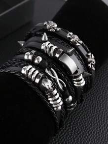 5 件哥特风格时尚个性化骷髅和星星金属装饰多层包裹 PU 皮革手链，适合男士日常佩戴，可作为送给家人或男朋友的礼物 - 黑色 - 查看 2
