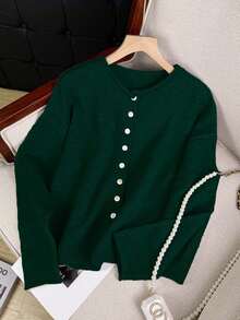 Vivid Style Autumn/Winter New Women's Curled Collar Round Neck Shell Button Long Sleeve Knit Cardigan, Short Loose Comfortable Solid Color Sweater Jacket, Retro, Christmas, Christmas Sweater, New Year Attire