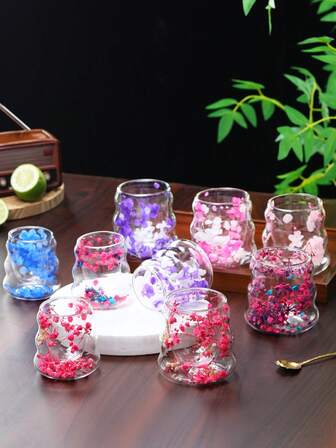 1 件耐热双层干花玻璃杯，独特设计，玻璃杯，厨房用品，玻璃杯，马克杯，咖啡杯，吸管杯，带手柄奶茶杯，适用于婚礼用品，朋友聚会，生日礼物，露营必需品，露营，结婚礼物，母亲节，父亲节，万圣节，圣诞节，圣诞礼物，带有印花和纹理的瓶子/罐子