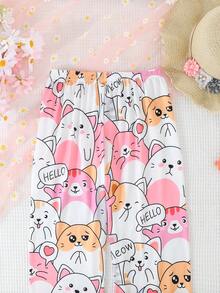 2pcs/Set Girls & Teens Casual Cartoon Cat Print Lapel Long Sleeve Cardigan And Pants Sleepwear Set, Flame Retardant, All Season