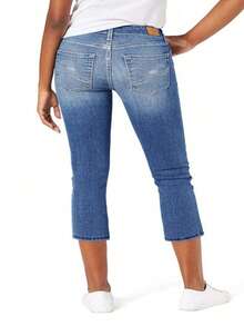 女士中腰修身中蓝色休闲七分牛仔裤 - 舒适弹力棉质面料，修身显瘦，适合日常穿着，夏季百搭 - 中等水洗藍 - 查看 4