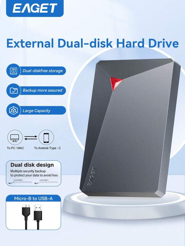Portable Hard Drive Disk Hdd, Double Disk Slot Storage 500GB(250GB+250GB)/640GB/1TB/2TB USB 3.0 HDD Mechanical Hard Drive Fast Data Transfer, Stable Large File Management For Mobile Phones, Computers, Game Consoles And Other Electronic Devices