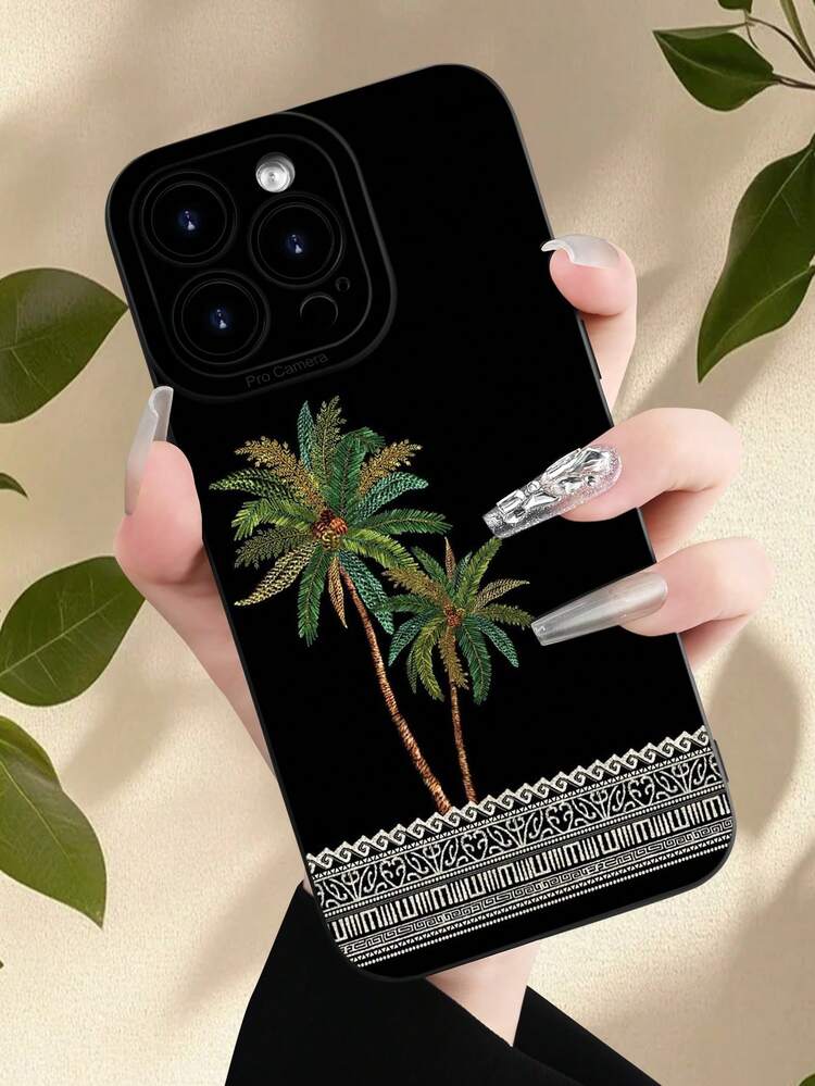 极简黑色中东元素时尚手机壳 1 件装 沙特阿拉伯棕榈树条纹复古印花 2D 图案 经典极简中东棕榈树条纹风格 适合赠送给朋友、家人、情侣，生日、节日礼物 黑色哑光软壳 防尘防水 兼容 16/15/14/13/12/11/Pro/ProMax/X/XR/XS/XSMax/7/8/PLUS 生日周年纪念礼物 国际版，非国内版 - 黑色 - 查看 4