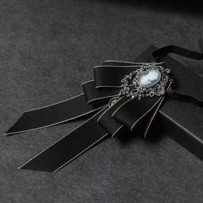 1pc Vintage Style Bow Tie, British Academy Collar Flower Brooch, Solid Color Professional Accessory Unisex