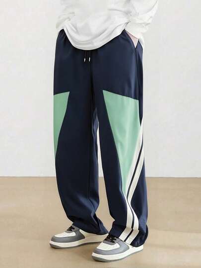 New Striped Patchwork Casual Straight Leg Pants, Men's Lightweight Breathable Loose Fit Trousers, Fashionable & Versatile For Spring Autumn