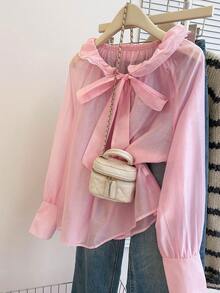 Leichte, transparente rosa Rüschen V-Ausschnitt Schleife Langarm elegante Bluse für Frauen, geeignet für Frühling/Sommer, Valentinstag - Pink - Übersicht 9