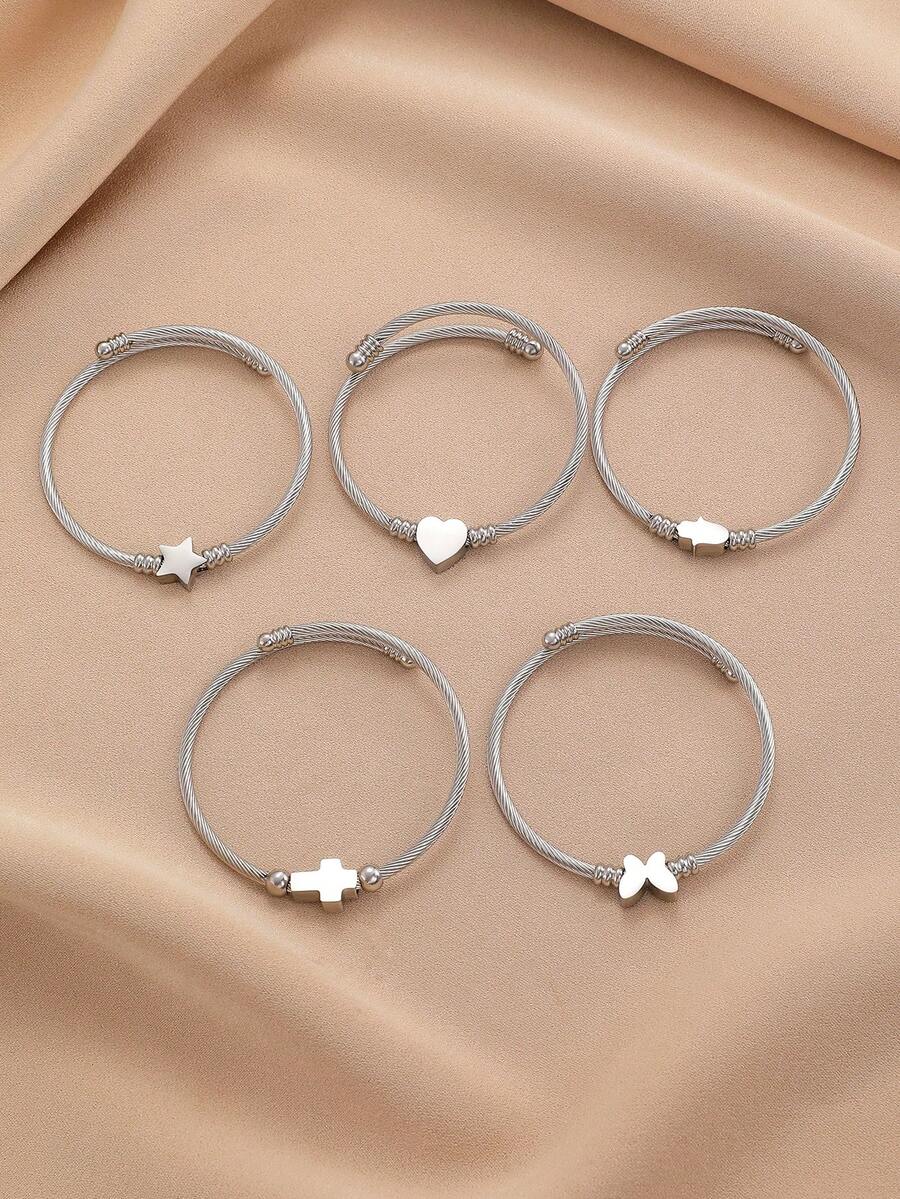 1 Vòng tay thép không gỉ dành cho nữ, thiết kế đơn giản thời trang với dây xích hình trái tim, ngôi sao, chữ thập, bướm, đa năng để đeo hàng ngày và trong nhiều dịp - Bạc - Xem 1