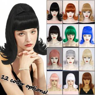 Peluca sintética resistente al calor y encantadora para mujeres, con cabello corto ondulado tipo BoBo con flequillo plano. Peluca con onda retro tipo colmena para damas elegantes. Peluca rizada tipo bouffant para uso diario, cosplay y fiestas. Peluca de estilo vintage de los años 60 y 70 para disfraces, festivales de música, decoraciones navideñas, regalos de cumpleaños, Día de la Madre, etc.