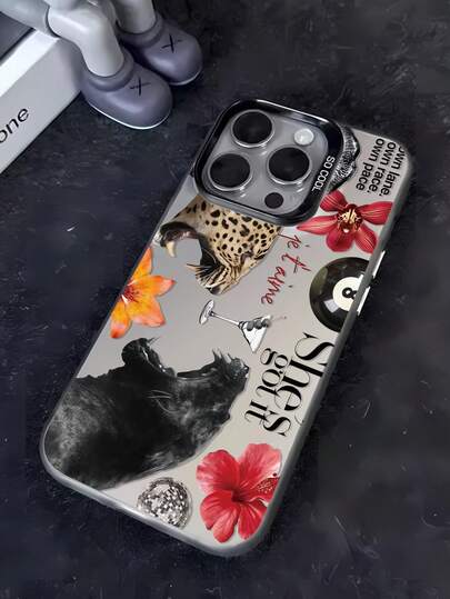 1pc Leopard Floral Patchwork Pattern Black IMD Shockproof Anti-Fingerprint Phone Case Compatible With IPhone 16/16Pro/16Plus/15/15ProMax/15Pro/11/12/13/14ProMax/11Pro/11ProMax/12Pro/12ProMax/13Pro/13ProMax/14Pro/14ProMax, Stylish & Creative