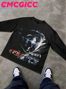 EMCGICC Street Life Men's Y2k Style (250 Cotton T-Shirt) Long Sleeve Shirt, Space Visual Printing,Cotton Graphic T-Shirt, Men's Hip Hop Style - Long Sleeve T-Shirt, Fun Vintage Shirt, Regular Fit, Street Style, Halloween, Digital Print, Ideal Gift - màu đen - Xem 2