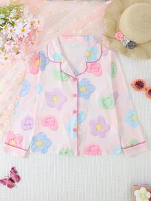 2件套女童休闲卡通印花翻领长袖开衫和长裤睡衣套装，阻燃，四季皆宜 - 粉色 - 查看 3