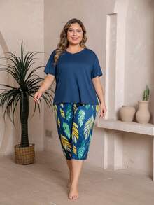 Women's Printed V-Neck Oversized Short Sleeve Pajama Set - Royal Blue - View 7