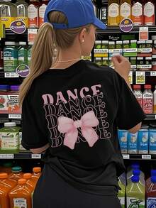 女童短袖T恤，可愛分層DANCE字母與粉色蝴蝶結印花背後圖案，寬鬆休閒兒童夏季舞蹈日常穿著 - 黑色 - 查看 8