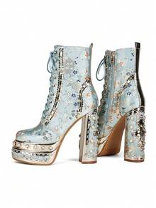 Green Embroidered Fabric Thick High-Heeled Short Boots, Daily Party Boots - Green - View 9