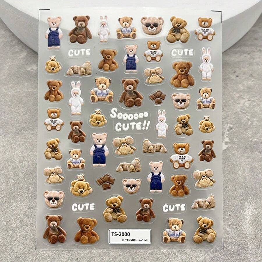 5D Embossed Cartoon Bear Nail Art Sticker, Brown Bear Nail Foil Decals, Manicure Nail Art Accessories