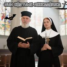 Set de 3 piezas de accesorios de disfraz de monja para mujeres, conjunto de disfraz de monja con vestido negro, tocado de monja, collar con cruz, disfraz de monja para Halloween, carnaval, fiesta de cosplay de monja, perfecto para el Día de Acción de Gracias