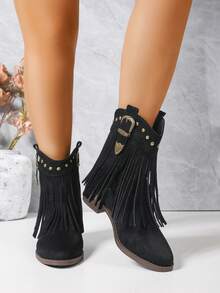 Women's Retro Western Ankle Boots - Solid Color, Pointed Toe, Thick Heel, Rivet & Tassel Decor, Slip-On, Comfortable, Suitable For All Seasons, Casual Style - Black - View 7