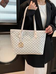 1pc PU Zipper Pattern Print Rivet Inlaid Minimalist Versatile Large Capacity Shoulder Tote Bag, Suitable For Women's Daily Use